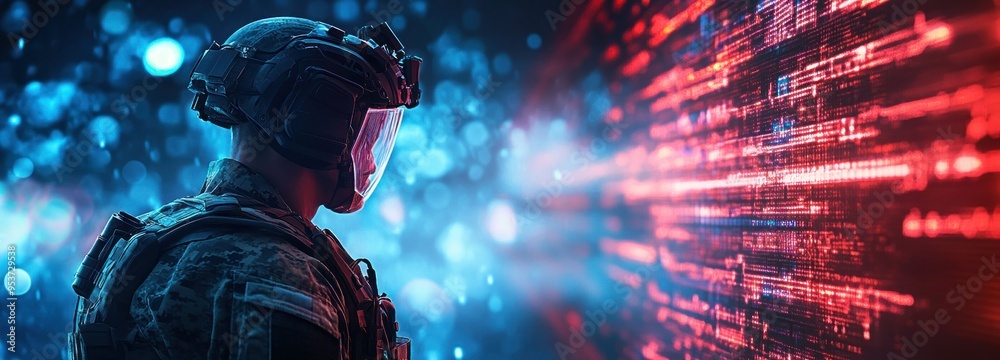 Wall mural A Soldier in a Futuristic Helmet Gazes at Binary Code