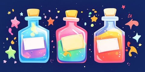 Shiny potion bottles with whimsical labels and glowing liquids, floating stars, cute halloween illustration
