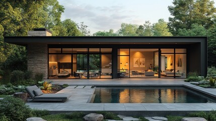 Modern home with large windows and pool in a lush garden setting.