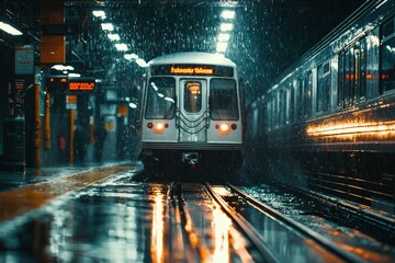 Obraz premium Subway Train Arriving at Station in Rainy Night
