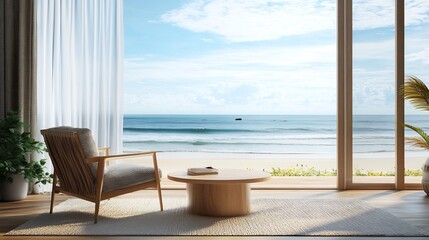 Fototapeta premium Ocean View Living Room with a Wooden Chair and Coffee Table