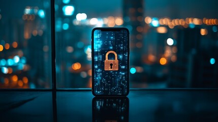Mobile phone with a glowing digital lock in a dark urban background. Encrypted mobile data protection concept.