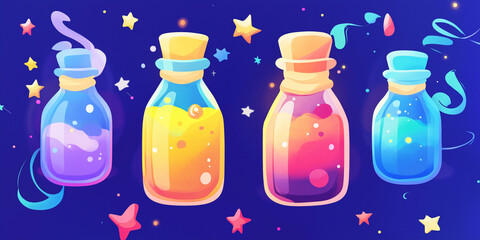 Cute glowing potion bottles illustration with colorful liquids on a dark blue background
