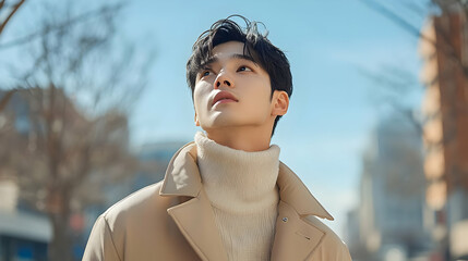 A young man in a tan coat and white turtleneck looks up at the sky.