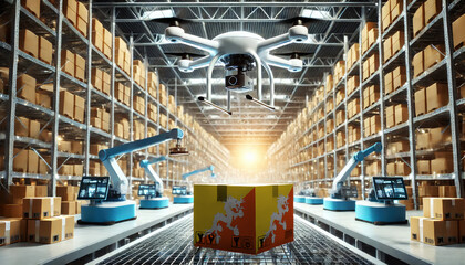 An advanced warehouse filled with drones and robots managing inventory, centered on an Bhutan flag-marked package, symbolizing innovation in automated warehousing