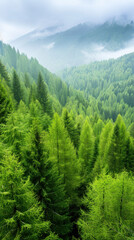 Obraz premium A lush green forest with trees reaching up to the sky