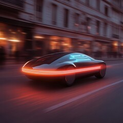 Autonomous sports car, holographic navigation, high-speed urban racing, digital visual elements