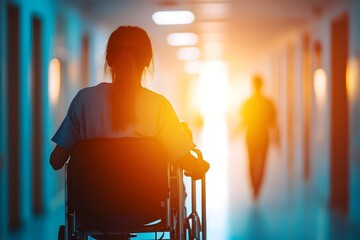 Naklejka premium Compassionate Nurse Aiding Patient with Mobility Devices in Warm Hospital Setting