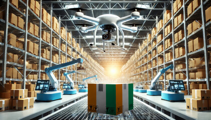 Fototapeta premium An advanced warehouse filled with drones and robots managing inventory, centered on an Cote d'Ivoire flag-marked package, symbolizing innovation in automated warehousing