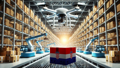 An advanced warehouse filled with drones and robots managing inventory, centered on an Croatia flag-marked package, symbolizing innovation in automated warehousing