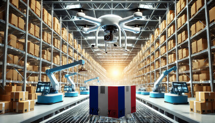 An advanced warehouse filled with drones and robots managing inventory, centered on an France flag-marked package, symbolizing innovation in automated warehousing