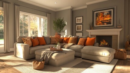 Cozy Living Room with Sectional Sofa, Fireplace, and Autumnal Decor