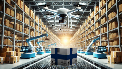 An advanced warehouse filled with drones and robots managing inventory, centered on an Finland flag-marked package, symbolizing innovation in automated warehousing