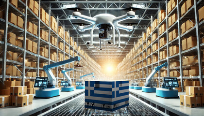Fototapeta premium An advanced warehouse filled with drones and robots managing inventory, centered on an Greece flag-marked package, symbolizing innovation in automated warehousing