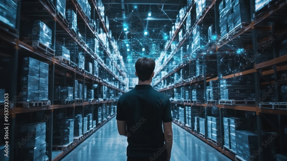 Poster Man Walking Through a Warehouse with Digital Network Overlay