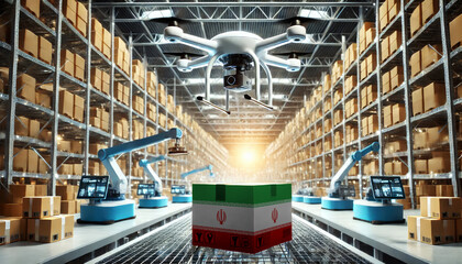 An advanced warehouse filled with drones and robots managing inventory, centered on an Iran flag-marked package, symbolizing innovation in automated warehousing