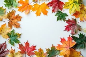 Fototapeta premium Autumn Maple Leaves Flat Lay White Background created with Generative AI