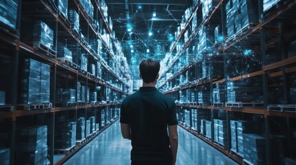 Man Walking Through a Warehouse with Digital Network Overlay