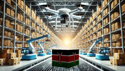 An advanced warehouse filled with drones and robots managing inventory, centered on an Kenya flag-marked package, symbolizing innovation in automated warehousing
