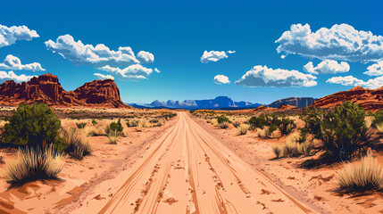Ai generated. ai generative. sand desert hot dirty road path. outdoor arizona western nature landscape background. road trip travel adventure explore vibe. graphic art. Desert. Illustration