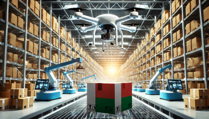Fototapeta premium An advanced warehouse filled with drones and robots managing inventory, centered on an Madagascar flag-marked package, symbolizing innovation in automated warehousing