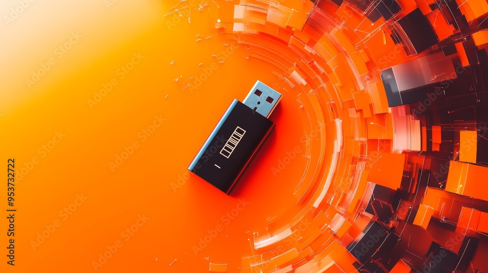 Poster Close-up of a USB flash drive on a vibrant orange background with dynamic digital connections. Concept of data storage and encrypted USB security.