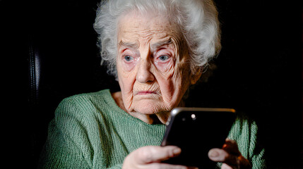 Beware of Grandparent Scams Frightened Elderly Woman on the Phone Threatened by Fraudulent Callers – A Symbolic Image of Telephone Fraud and Criminal Schemes