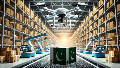 Fototapeta premium An advanced warehouse filled with drones and robots managing inventory, centered on an Pakistan flag-marked package, symbolizing innovation in automated warehousing