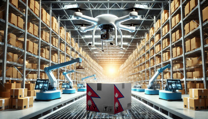 An advanced warehouse filled with drones and robots managing inventory, centered on an Nepal flag-marked package, symbolizing innovation in automated warehousing