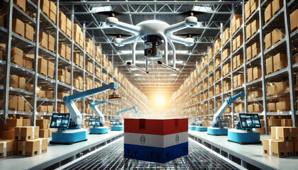 An advanced warehouse filled with drones and robots managing inventory, centered on an Paraguay flag-marked package, symbolizing innovation in automated warehousing