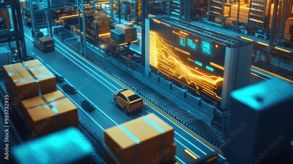 Poster Futuristic Automated Warehouse with Autonomous Vehicles and Data Display