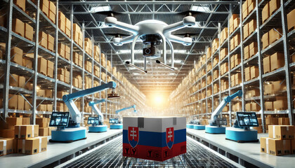 An advanced warehouse filled with drones and robots managing inventory, centered on an Slovakia flag-marked package, symbolizing innovation in automated warehousing