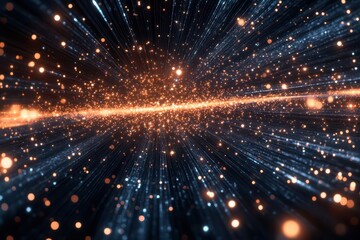 Fototapeta premium Peertopeer data exchange depicted as luminous particles moving through a dark void, symbolizing the seamless flow of information