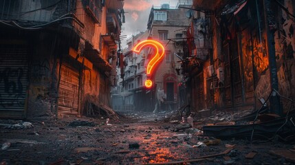 Futuristic digital environment featuring a glowing question mark in a tech inspired space