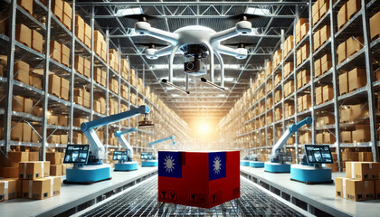 Fototapeta premium An advanced warehouse filled with drones and robots managing inventory, centered on an Taiwan flag-marked package, symbolizing innovation in automated warehousing