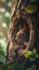Obraz premium A squirrel peeking out of a hollow tree, soft morning light
