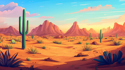 Colourful cartoon style painting of the desert landscape. Desert. Illustration