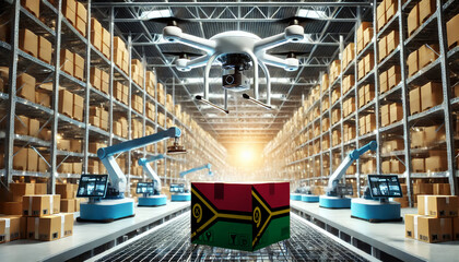An advanced warehouse filled with drones and robots managing inventory, centered on an Vanuatu flag-marked package, symbolizing innovation in automated warehousing