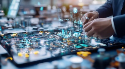 Visual of a digital blueprint with economic policy diagrams government officials analyzing the plans