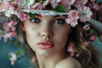 Naklejka premium Portrait of a beautiful spring girl wearing flowers hat. Studio shot.