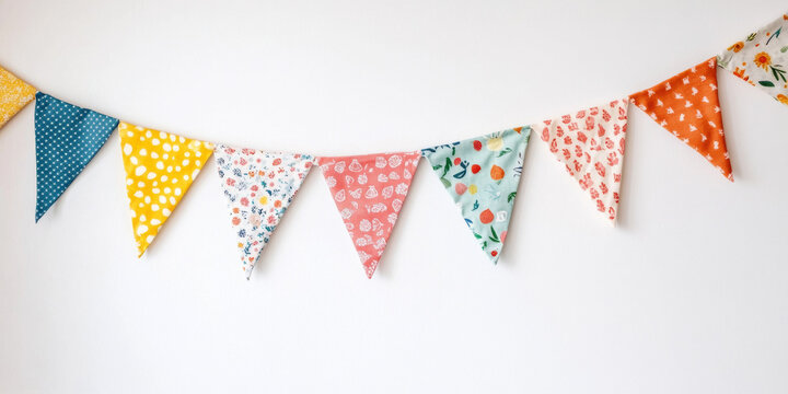A vibrant bunting garland made of colorful patterned fabric triangles decorates a white wall, perfect for celebrations and home decor.
