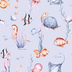 seamless pattern of sea cartoon animals. Blue watercolor ocean fish, turtle, whale and coral. Shell aquarium dolphin, crab octopus Nautical marine illustration, jellyfish, starfish