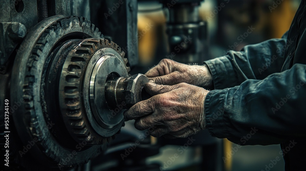 Poster close-up of a worker's hands tightening a nut on a machine