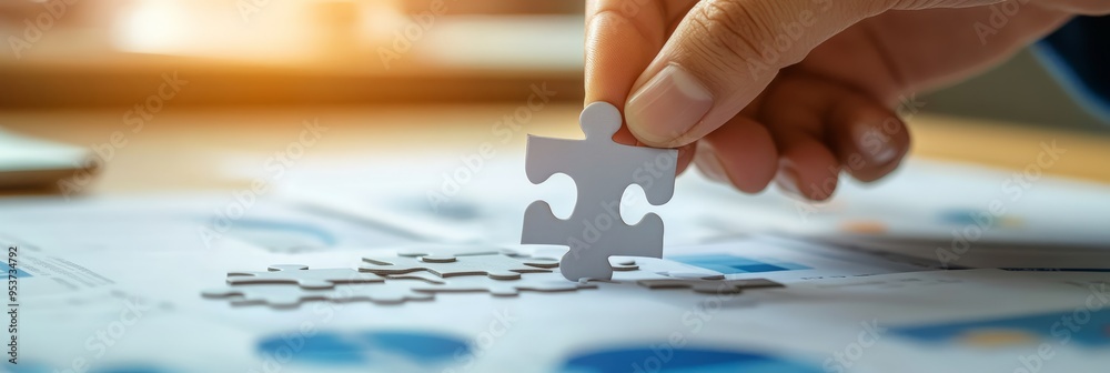 Poster detailed view of a hand placing a single white puzzle piece over financial charts in a bright office