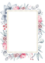 Watercolor new year winter background with plants, branches, berries, eucalyptus and splashes. Christmas pre-made scene with flowers frame. Party invitation