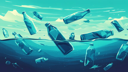 Plastic bottle floating in ocean with aquatic animal, fish. ocean pollution, environmental conservation and ecology concept. generative ai. Ocean. Illustration