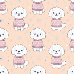  playful pattern featuring adorable white dogs wearing cozy pink sweaters on a pastel background. Cute snowflakes and dots complete the festive design.