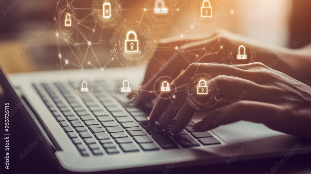 Poster Close-up of hands typing on a laptop keyboard with floating lock icons representing digital security. Cyber security and data protection concept.
