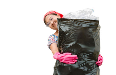 Happy woman or housewife collects plastic drinking water bottles from home to donate or recycle....