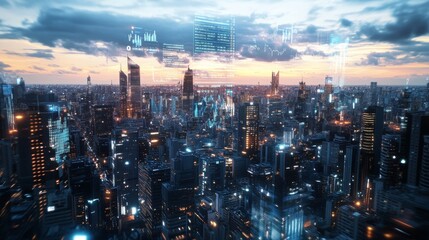 Obraz premium Futuristic cityscape with holographic charts displaying economic policy metrics